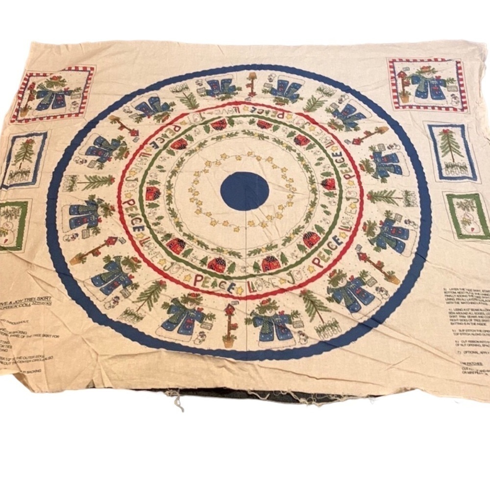 Vintage Peace Love Joy Christmas tree skirt sewing panel New